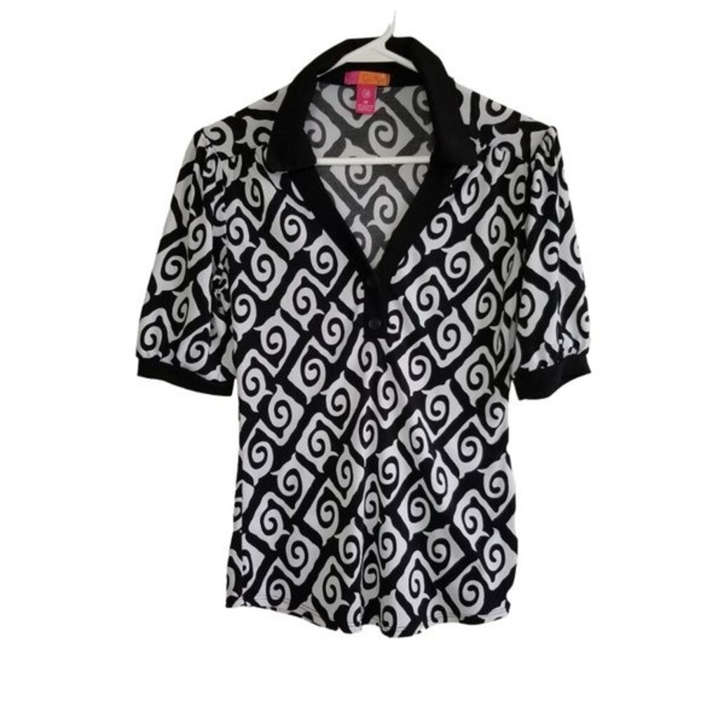❤️3/$15 Catch My I Blouse Women's Medium Retro Black White V Neck